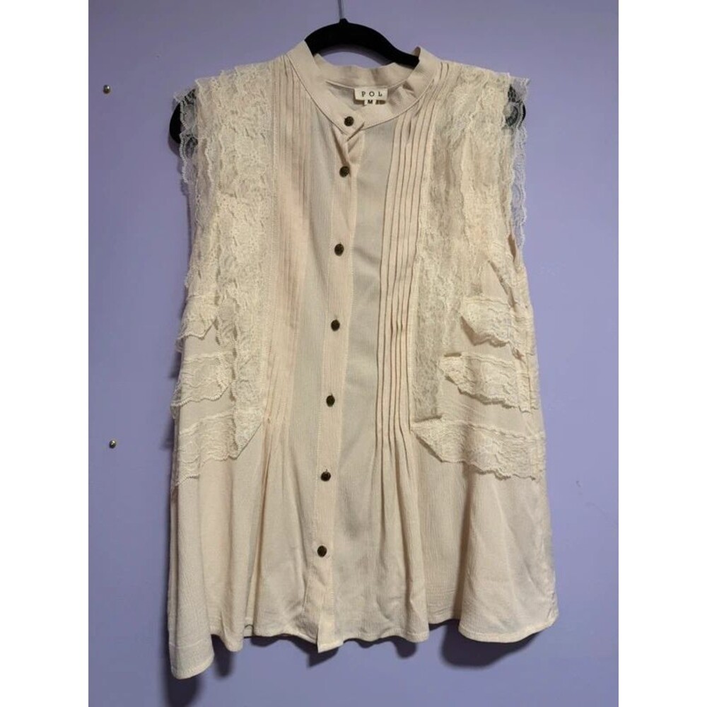 POL Cream Lace Ruffle Boho Button up Blouse Tank medium